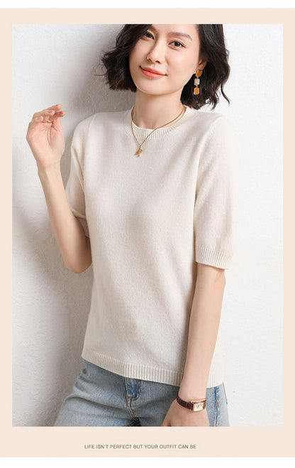2025 Spring and Summer New Style Knitted Short-Sleeved Women's Round Neck Bottoming Knitted Pullover Half-Sleeved Sweater Loose Bottoming Sweater