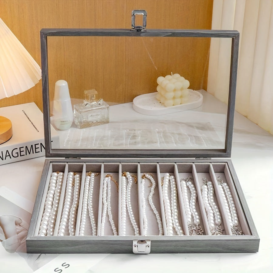 New Glacier Grey Pearl Necklace Storage Box with Lid Glass Dust-proof Long Bracelet Beads Thick Necklace Jewelry Box