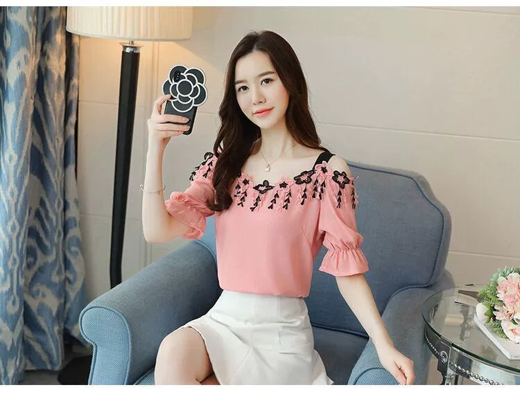 Women Summer Blouses 2024 Short Sleeve Chiffon Women Blouse Shirt Sexy Slash Neck Off Shoulder Top Womens Tops And Blouses B155