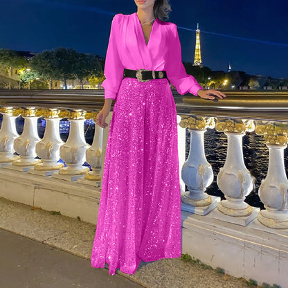 2025 Dress Women's Spring & Fall High-End V Neck Long-Sleeved Shirt Elegant Waist Sequin French Wide-Leg Pants