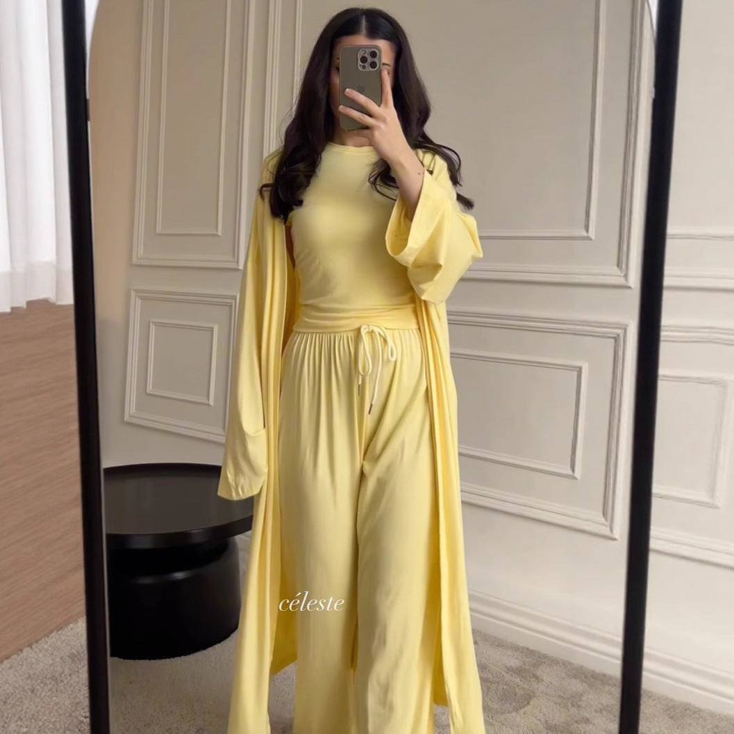 Women Cardigan Vest Wide Leg Pants 3 Piece Sets Top Long Coat Trousers Suit Office Lady Ensemble Spring Summer 2026 Outfits