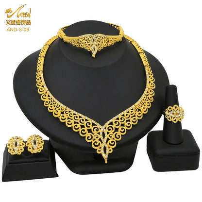 24K Gold Dubai Explosions Bride Four-piece Flower Rhinestone Jewelry Alloy Necklace Bracelet Earrings Ring