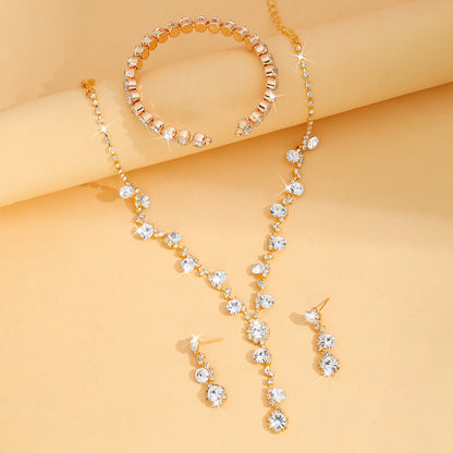 Explosive Jewelry Flash Diamond Inlaid with Full Diamond Women's Wedding Accessories Necklace Earrings Bracelet Three-piece Bridal suit