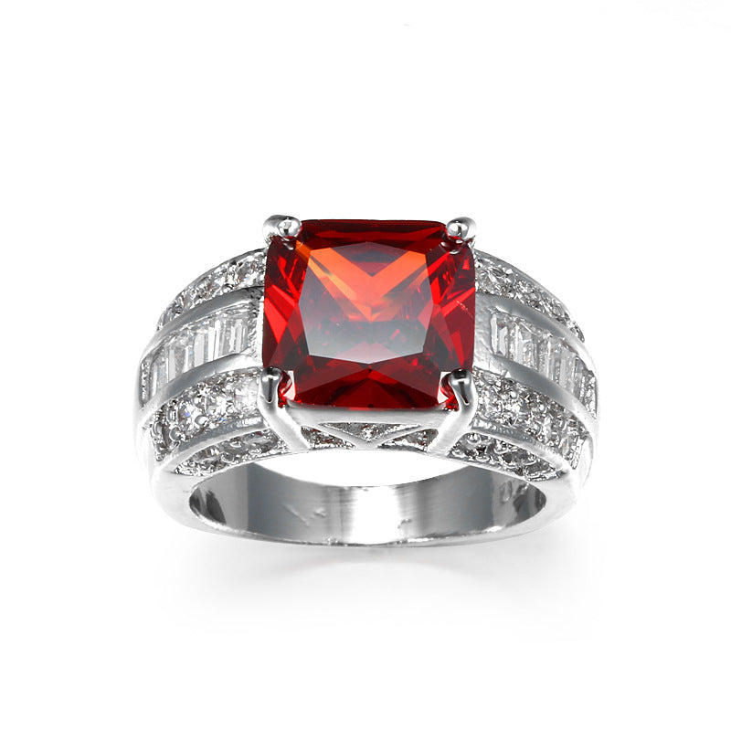 Cross-border Hot Gold-plated Jewelry Men's and Women's Wedding Ring Jewelry Garnet Red Zircon Ring Women's Design Sense Niche Jewelry Trendy