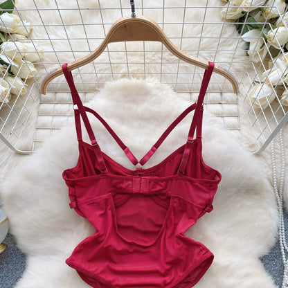 CHILLGIO Women Sexy Lace Strappy Rompers Lingerie One Piece Combination Bodycon Catsuits Sheer Fashion Solid Push Up Bodysuits