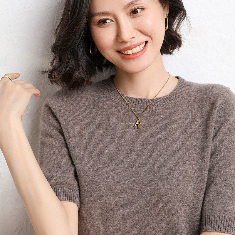 2025 Spring and Summer New Style Knitted Short-Sleeved Women's Round Neck Bottoming Knitted Pullover Half-Sleeved Sweater Loose Bottoming Sweater