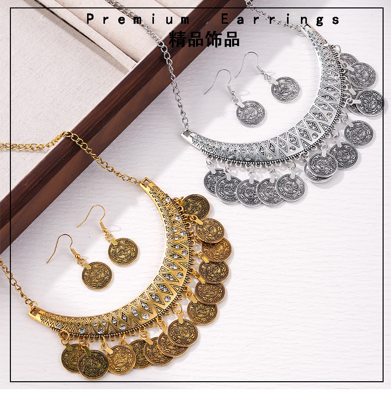 European and American Retro Fashion Golden Roman Coin Tassel Necklace Bohemian Ethnic Style Clavicle Chain Jewelry suit