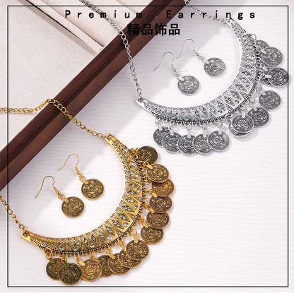 European and American Retro Fashion Golden Roman Coin Tassel Necklace Bohemian Ethnic Style Clavicle Chain Jewelry suit