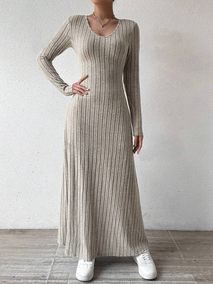 European and American Cross-Border Amazon Dress Slim Fashion Women's Knitted Pure Color Long-Sleeved A-Line Street Long Skirt for Women