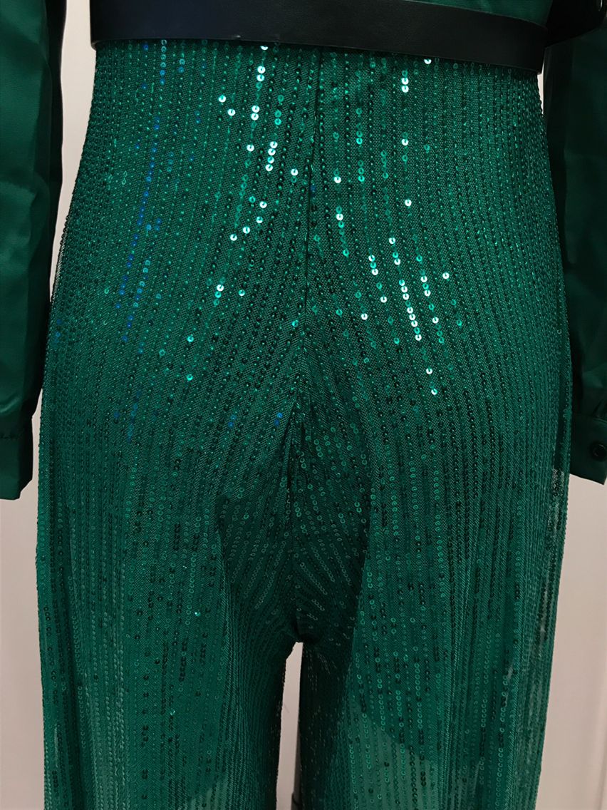 2025 Dress Women's Spring & Fall High-End V Neck Long-Sleeved Shirt Elegant Waist Sequin French Wide-Leg Pants