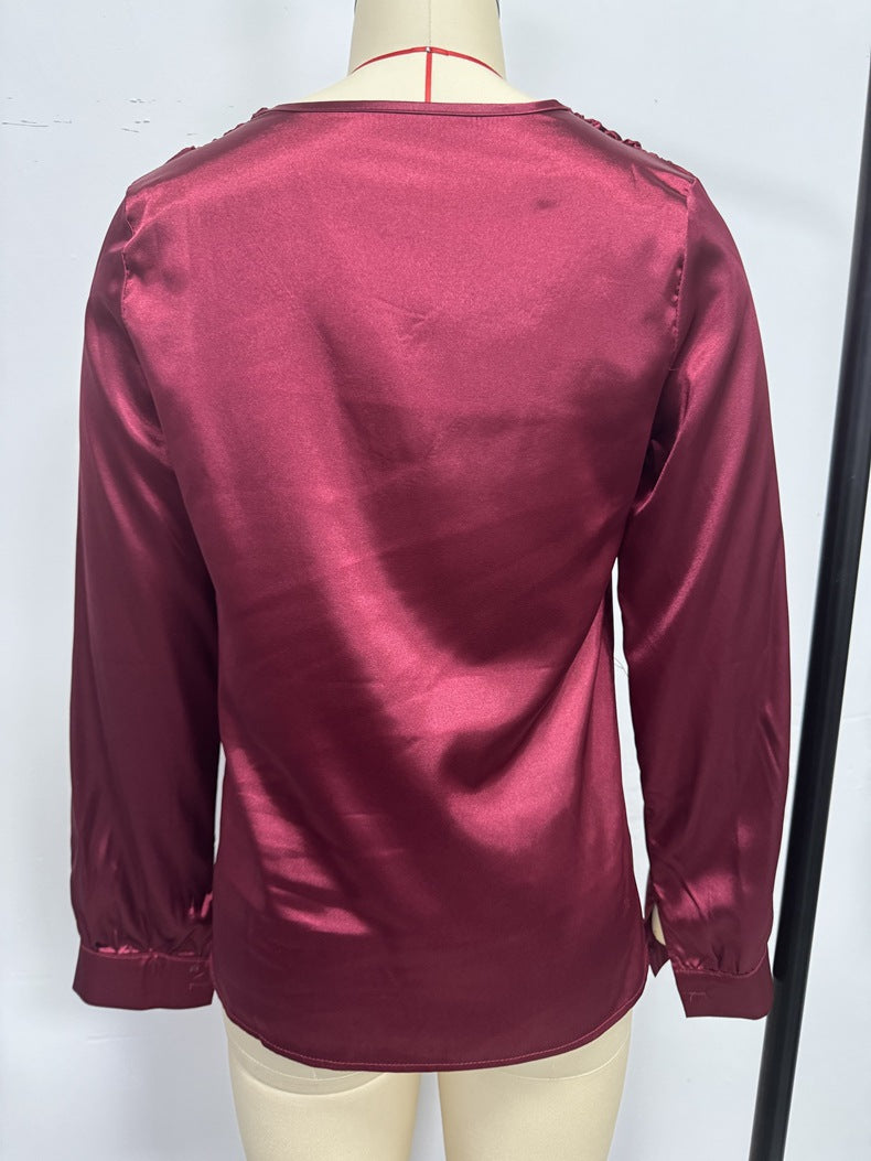 2026 Amazon Hot-Selling Women's Clothing Satin Pleated Long-Sleeve Top V-Neck Casual Loose Satin Commuter Shirt
