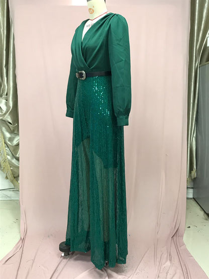 2025 Dress Women's Spring & Fall High-End V Neck Long-Sleeved Shirt Elegant Waist Sequin French Wide-Leg Pants
