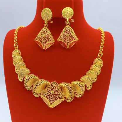 Imitation gold flower necklace earrings suit Dubai India Nigeria brass gold plated women wedding jewelry lot