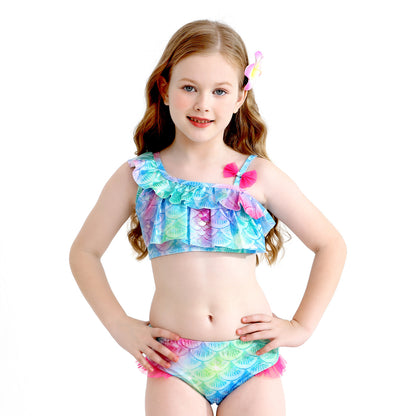 Girls' Mermaid Swimsuit Three-Piece Set Mermaid Tail Cross-Border Popular Bikini Swimsuit Beach Swimwear Shiny