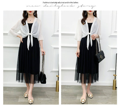 Sunscreen Cardigan Women's Spring and Summer Shawl Outer Blouse Thin Jacket with Sling Skirt Chiffon Small Waistcoat