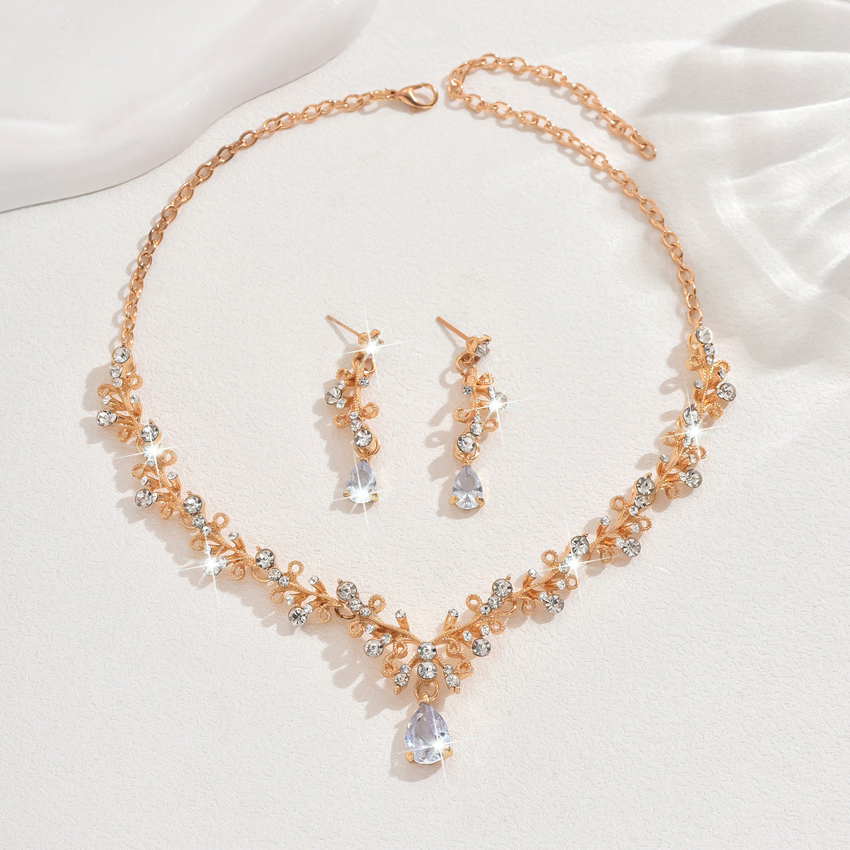 Foreign Trade Jewelry Wholesale Alloy Rhinestone Wedding Necklace Earrings Bridal Wedding Jewelry Banquet Ladies Necklace Set