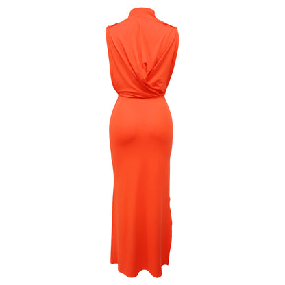 CM.YAYA Women O-neck High Split Ruched Stacked Bodycon Midi Maxi Dress 2024 Evening Party Club Vestidos Sexy Chic Long Dresses