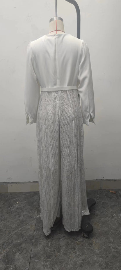 2025 Dress Women's Spring & Fall High-End V Neck Long-Sleeved Shirt Elegant Waist Sequin French Wide-Leg Pants
