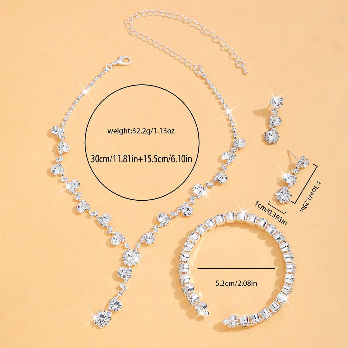 Explosive Jewelry Flash Diamond Inlaid with Full Diamond Women's Wedding Accessories Necklace Earrings Bracelet Three-piece Bridal suit