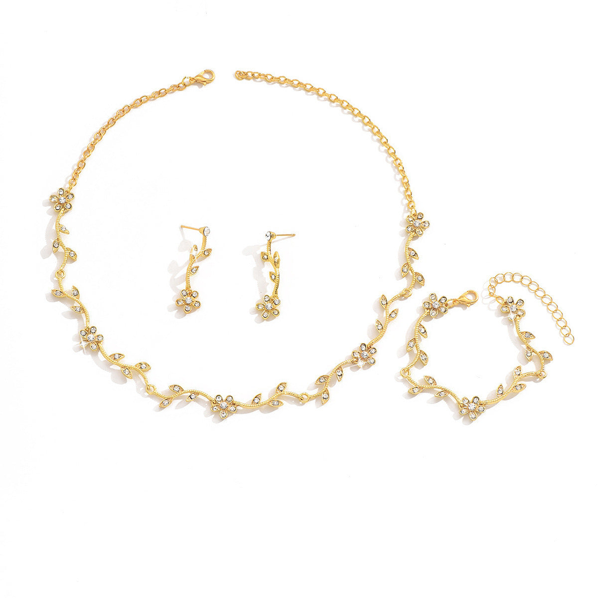 Cross-Border Necklace Earrings Bracelet Jewelry Set Plum Blossom Leaf Shape Bridal Dress Women's High-End Jewelry Set