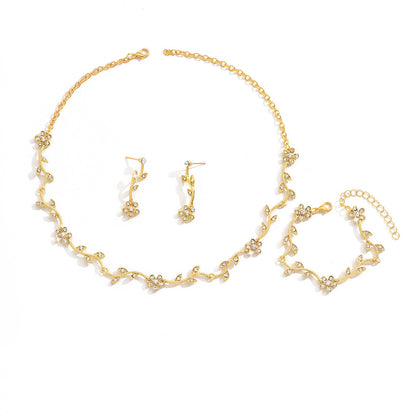 Cross-Border Necklace Earrings Bracelet Jewelry Set Plum Blossom Leaf Shape Bridal Dress Women's High-End Jewelry Set