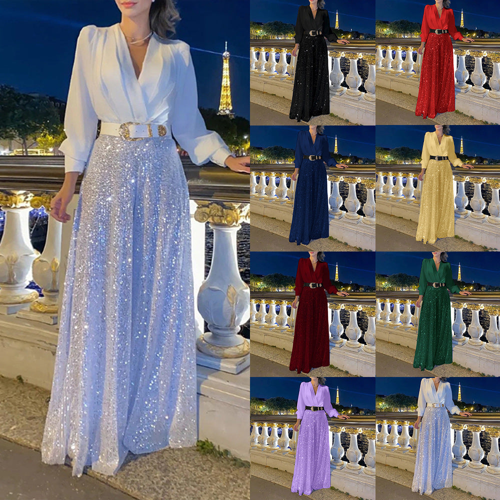 2025 Dress Women's Spring & Fall High-End V Neck Long-Sleeved Shirt Elegant Waist Sequin French Wide-Leg Pants
