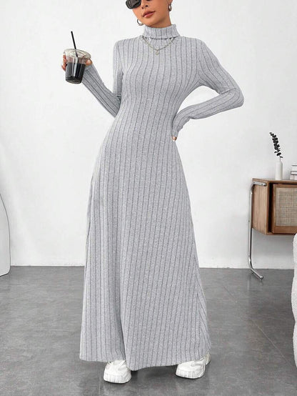 European and American Cross-Border Autumn and Winter Women's Clothing, Slim-Fitting High Collar, Fashionable Solid Color Pit Strip Brushed Long-Sleeved Dress for Women