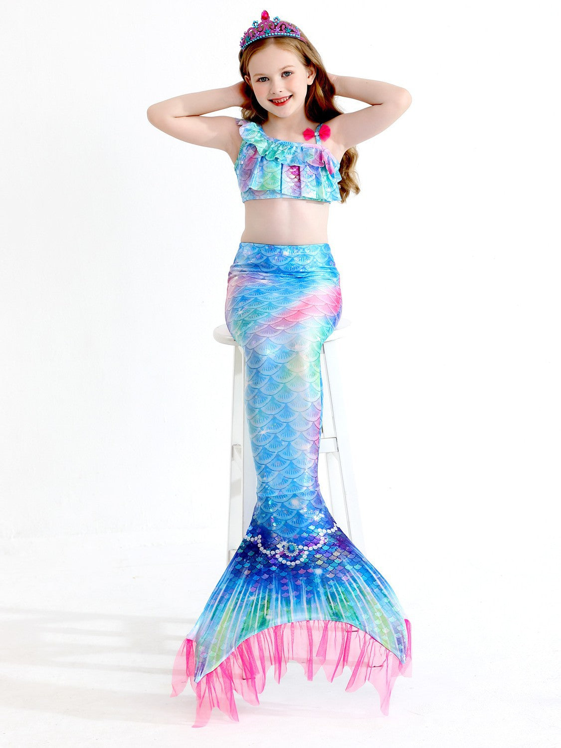 Girls' Mermaid Swimsuit Three-Piece Set Mermaid Tail Cross-Border Popular Bikini Swimsuit Beach Swimwear Shiny