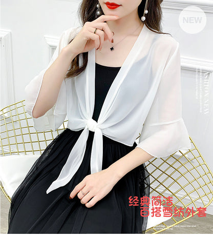 Sunscreen Cardigan Women's Spring and Summer Shawl Outer Blouse Thin Jacket with Sling Skirt Chiffon Small Waistcoat