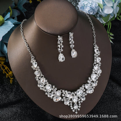Cross-Border Amazon Jewelry Set Bridal Crystal Accessories Necklace Earrings Two-Piece Set Wedding Dress Women's
