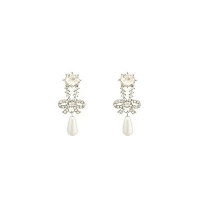 Wholesale Full Diamond Bow Pearl Long Earrings for Women French Sweet High-End Earrings Retro Ear Jewelry 106