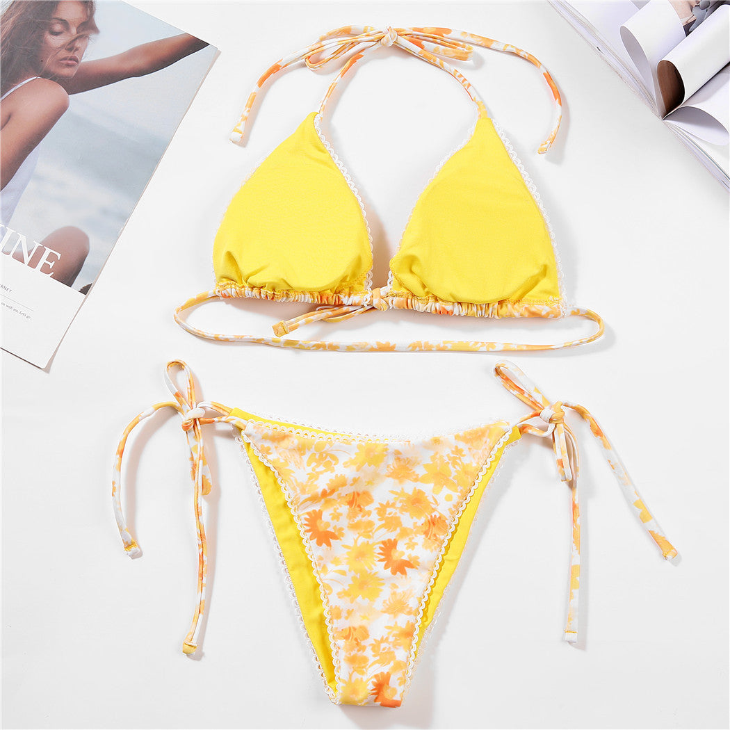 Cross-Border European and American Floral Bikini Lace Swimsuit Lace-Up Bikini Beach Split Swimsuit Women's Tube Top in Stock