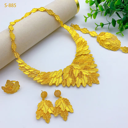 24K Gold Dubai Explosions Bride Four-piece Flower Rhinestone Jewelry Alloy Necklace Bracelet Earrings Ring