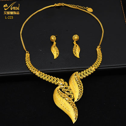 Imitation gold flower necklace earrings suit Dubai India Nigeria brass gold plated women wedding jewelry lot
