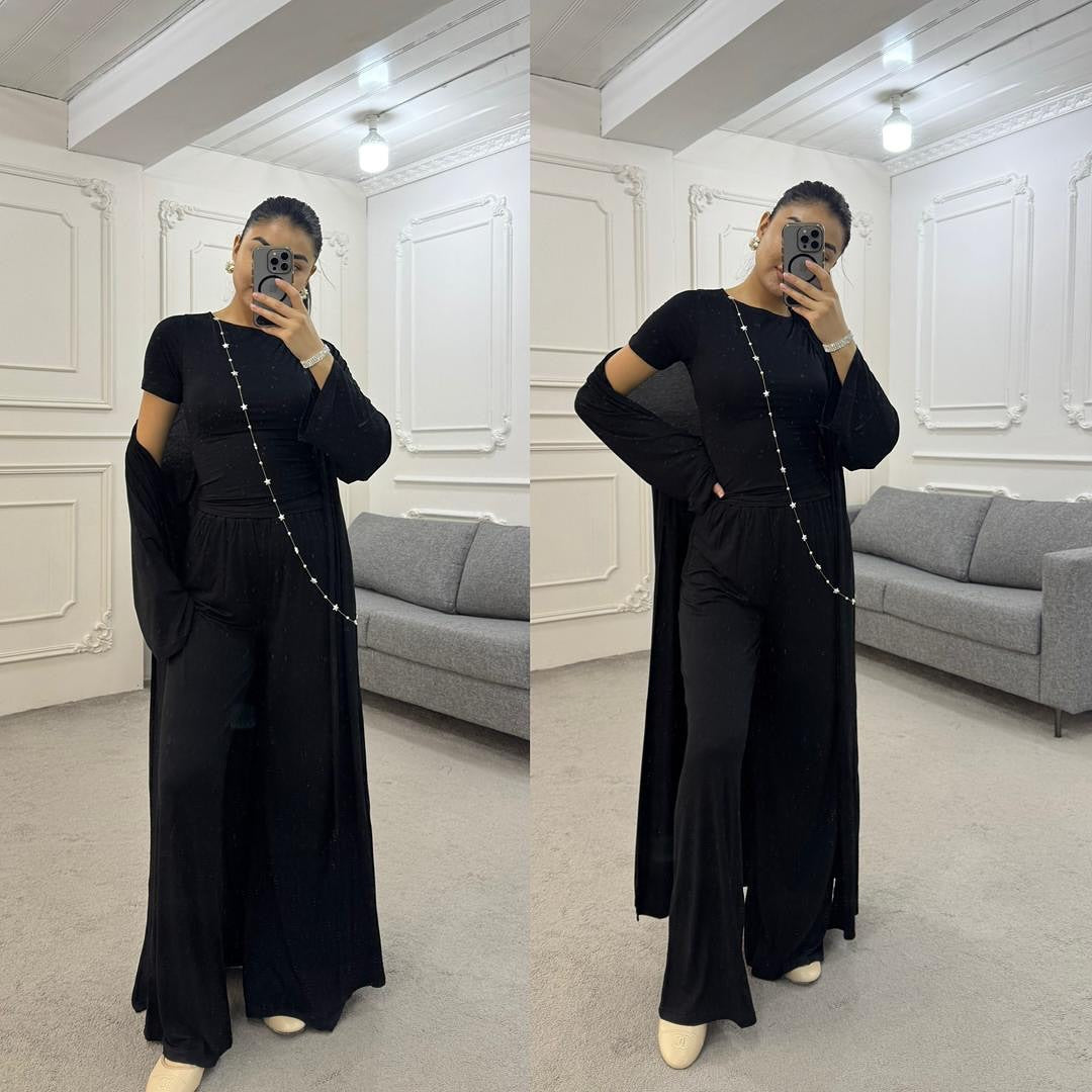 Women Cardigan Vest Wide Leg Pants 3 Piece Sets Top Long Coat Trousers Suit Office Lady Ensemble Spring Summer 2026 Outfits