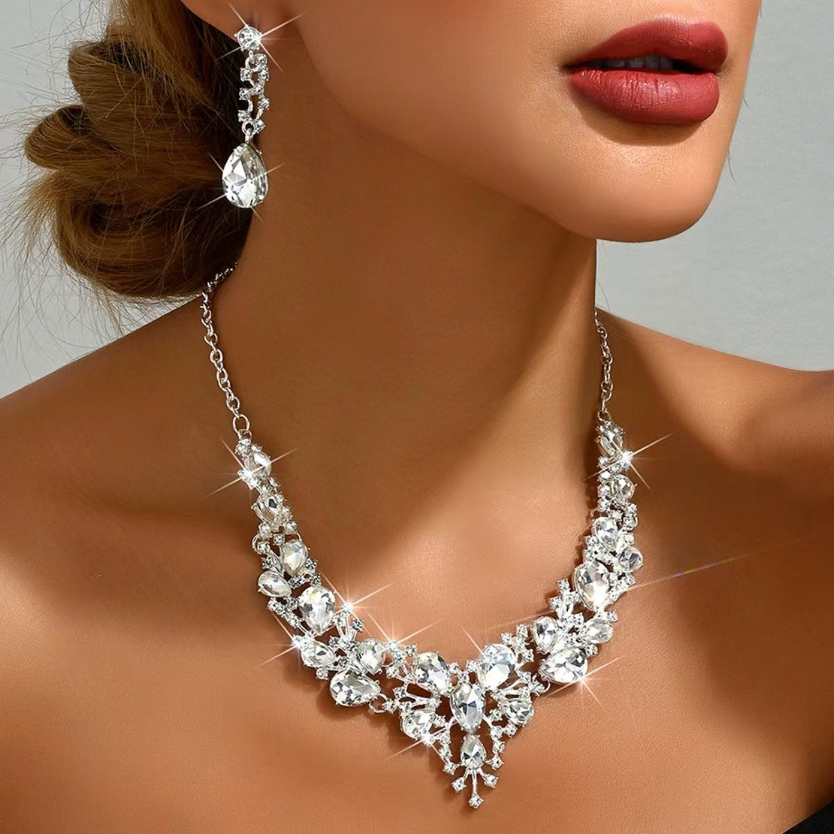 Amazon Cross-Border New European and American Light Luxury Necklace Earrings Wedding Jewelry Set Banquet Rhinestone Women's Jewelry