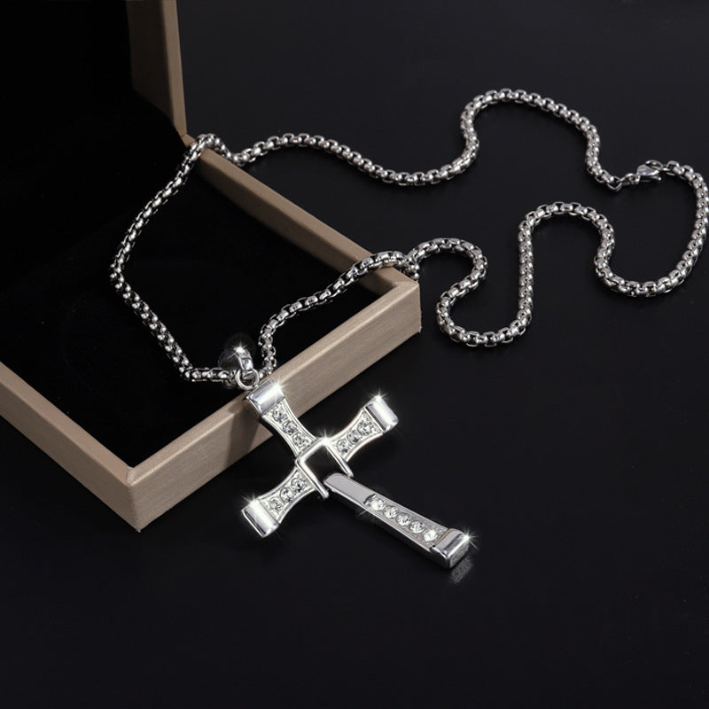 Cross-Border New Hot-Selling Fashion Personality Hip-Hop Stainless Steel Diamond Cross Pendant Necklace High-End Versatile Jewelry