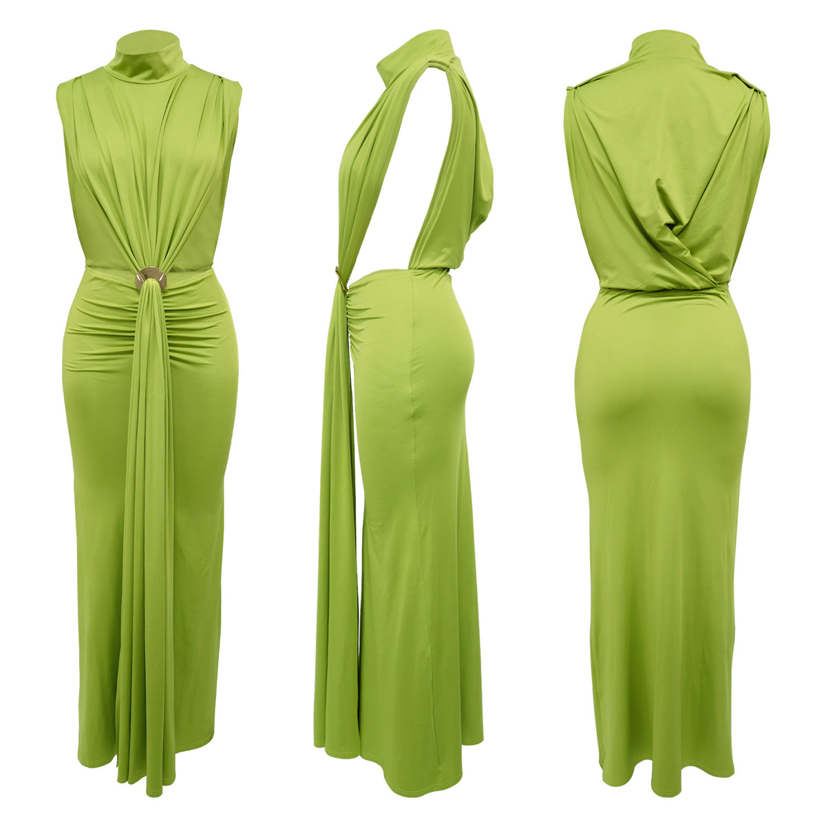 CM.YAYA Women O-neck High Split Ruched Stacked Bodycon Midi Maxi Dress 2024 Evening Party Club Vestidos Sexy Chic Long Dresses