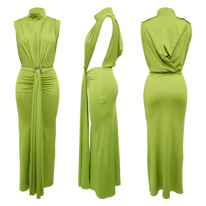 CM.YAYA Women O-neck High Split Ruched Stacked Bodycon Midi Maxi Dress 2024 Evening Party Club Vestidos Sexy Chic Long Dresses