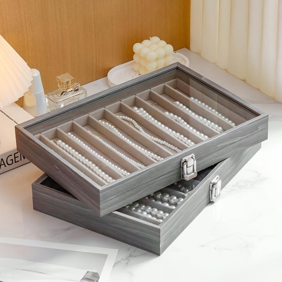New Glacier Grey Pearl Necklace Storage Box with Lid Glass Dust-proof Long Bracelet Beads Thick Necklace Jewelry Box