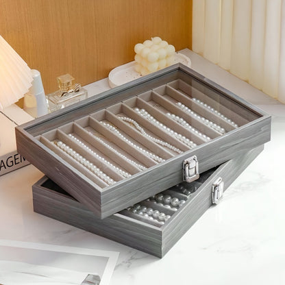 New Glacier Grey Pearl Necklace Storage Box with Lid Glass Dust-proof Long Bracelet Beads Thick Necklace Jewelry Box