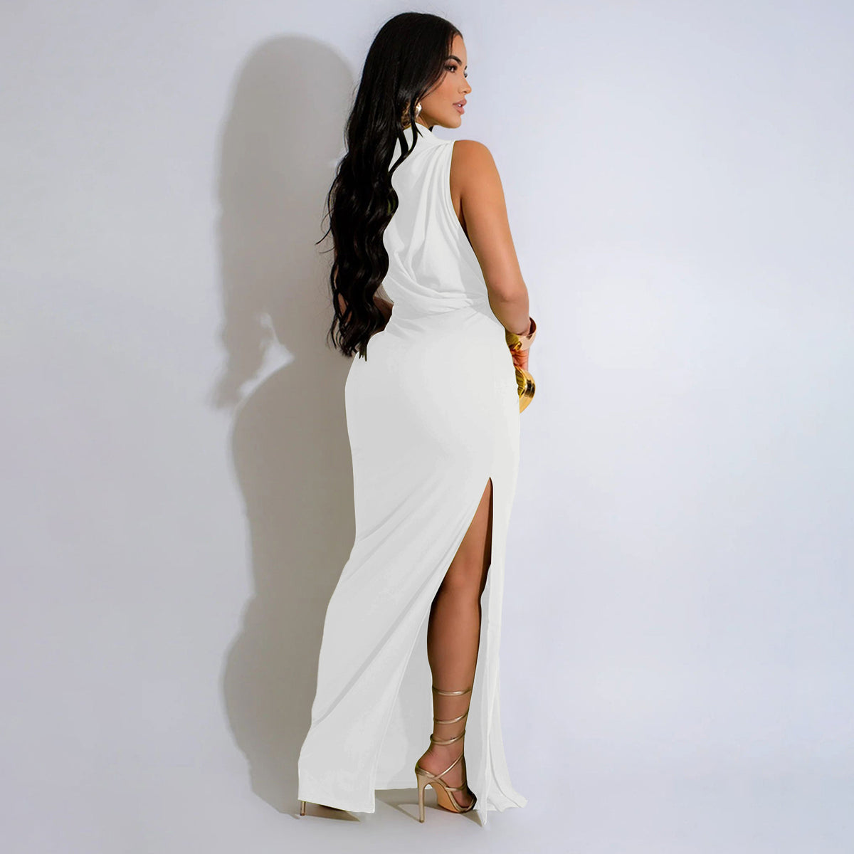 CM.YAYA Women O-neck High Split Ruched Stacked Bodycon Midi Maxi Dress 2024 Evening Party Club Vestidos Sexy Chic Long Dresses