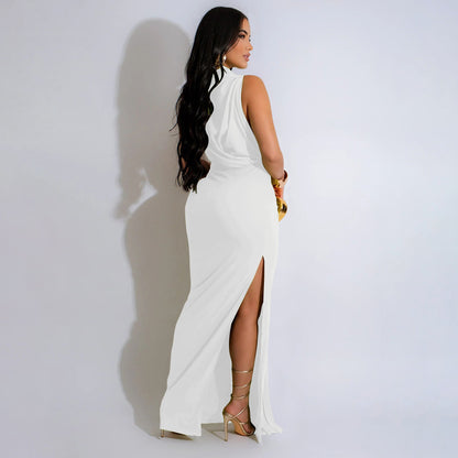 CM.YAYA Women O-neck High Split Ruched Stacked Bodycon Midi Maxi Dress 2024 Evening Party Club Vestidos Sexy Chic Long Dresses