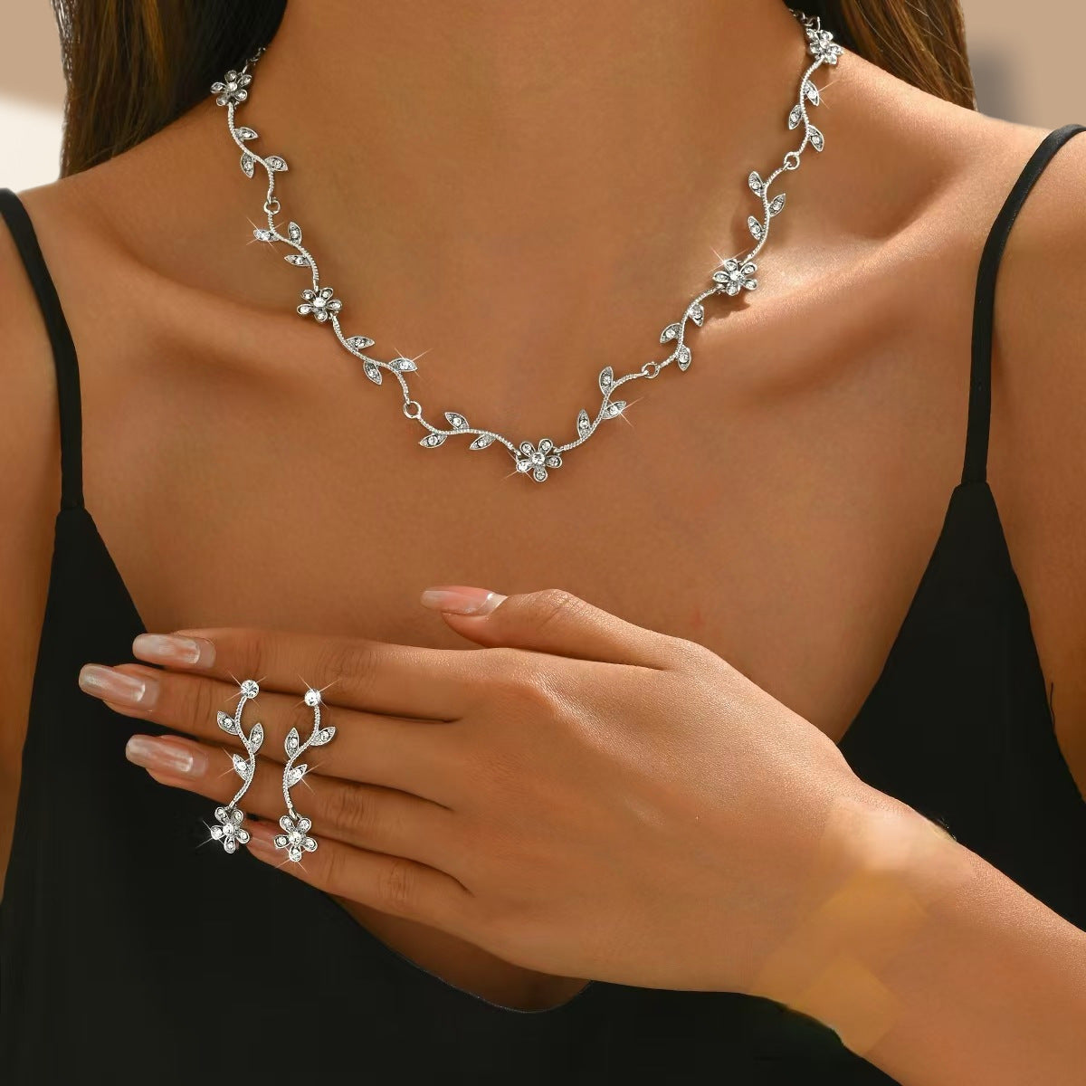Cross-Border Necklace Earrings Bracelet Jewelry Set Plum Blossom Leaf Shape Bridal Dress Women's High-End Jewelry Set