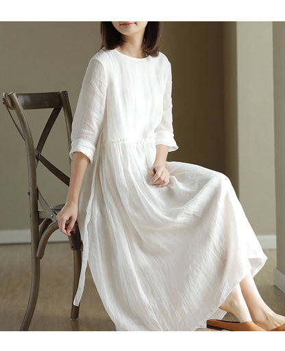 2023 New Summer Cotton Linen dress Women's High Waist Slimming Artistic Loose Retro Seven-Sleeve Round Neck Dress