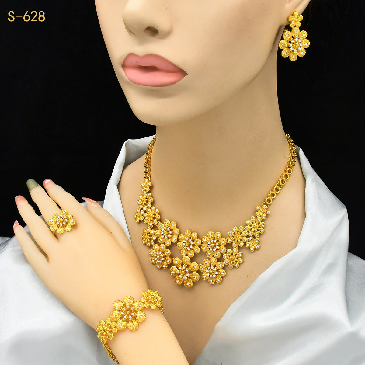 24K Gold Dubai Explosions Bride Four-piece Flower Rhinestone Jewelry Alloy Necklace Bracelet Earrings Ring