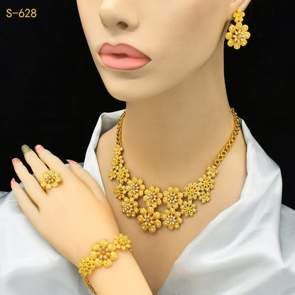24K Gold Dubai Explosions Bride Four-piece Flower Rhinestone Jewelry Alloy Necklace Bracelet Earrings Ring