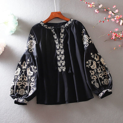 European Station Fashion Ethnic Style Lantern Sleeve Cotton Linen Long Sleeve Heavy Industry Embroidered Loose Casual Shirt Women's Autumn Top
