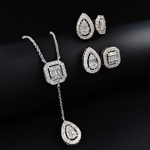 Amazon Fashion Cross-border New Square Long Zircon Earrings Ring Necklace Jewelry Three-piece Set j6138