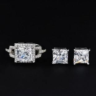 Amazon Fashion Cross-border New Square Long Zircon Earrings Ring Necklace Jewelry Three-piece Set j6138